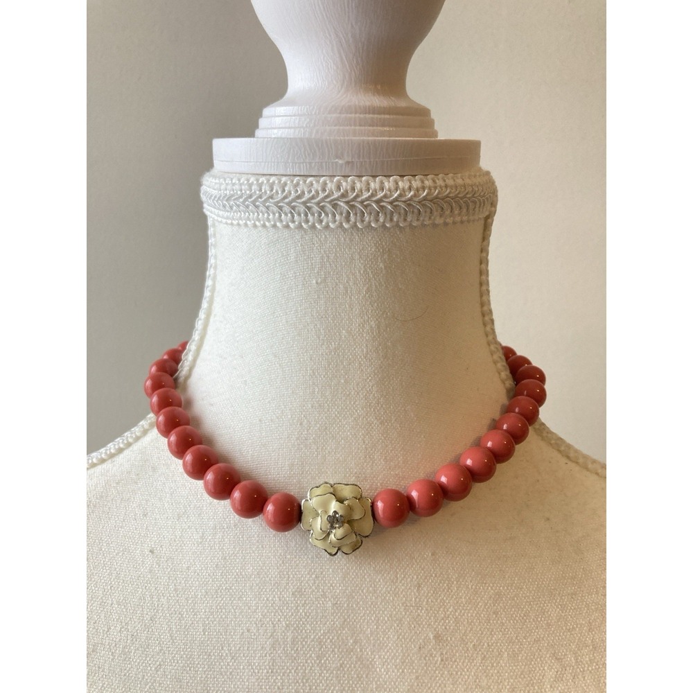 Coral Red Colored Beaded Choker Necklace Cream Enamel Flower Rhinestone Stretch